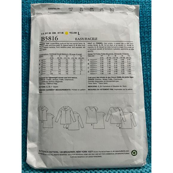 Butterick 5816 pattern knit top cowl neck size L XL - Picture 2 of 5